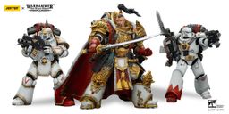 A detailed action figure of Jaghatai Khan stands on the right, adorned in ornate armor with intricate gold detailing, holding a sword. To the left, a Tactical Marine in Mk III power armor is posed with a firearm, featuring a skull motif and a red backpack. Both figures are set against a simple background, showcasing their impressive craftsmanship and articulation.