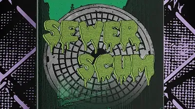 Cover art for Sewer Scum supplement: dystopian cityscape with glowing green skyscraper, mutant animal silhouettes on top, neon-lit streets, and a green car. Text reads: "Mork Borg / CY_BORG" and "Dice Cats" with a small cat logo.