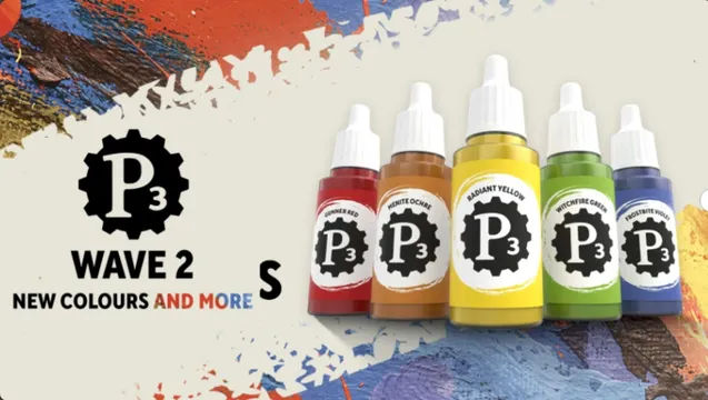 Four bottles of P3 paint are displayed against a colorful, textured background. The bottles include "Gunner Red," "Menite Ochre," "Radiant Yellow," and "Witchfire Green," each featuring a black gear logo with "P3" prominently displayed. The background features splashes of blue, red, and white paint, adding a vibrant artistic flair to the scene.