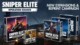 A promotional image features two game boxes for the Sniper Elite tabletop game. The larger box on the left is titled "Sniper Elite: Operation Kraken," showcasing a character holding a rifle against a backdrop of a war-torn setting. The smaller box on the right is labeled "Sniper Elite: Escalation," depicting a different character with a firearm. The background includes industrial elements, suggesting a gritty atmosphere, with rain adding to the dramatic effect.