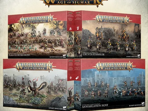 Four open box sets for Warhammer Age of Sigmar Battleforce collections. Top left: "Destruction Host" with armored warriors and a fortress under siege. Top right: "Grünta Stampede" featuring orcs and goblins charging. Bottom left: "Hammerhal" with a dragon and warriors in a snowy landscape.