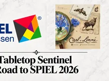 A colorful geometric logo with the text "SPIEL" and "Passen" in blue. Below, the words "Tabletop Sentinel Road to SPIEL 2026" in black. To the right, a book cover showing a magnifying glass over blue flowers, with the text "Carl" and "Michal Peichl" visible.