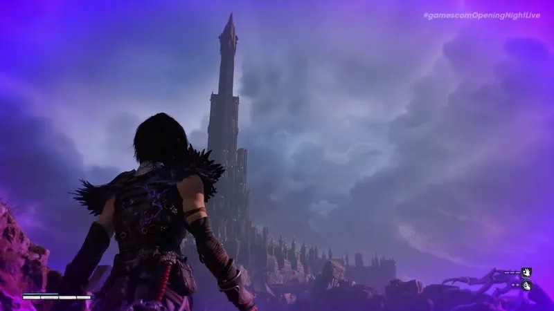 Tall spire, cloudy purple sky, distant cityscape, armored figure with spiked shoulder guard.