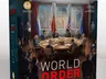 World Order board game box with leaders at a round table, flags, and city skyline through windows.