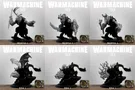 A collection of six 3D models from the Warmachine series is displayed in a grid format. The top row features three Primeval models, each showcasing unique designs with intricate details, including armor and weaponry. The bottom row presents three Feral models, characterized by their beastly forms and dynamic poses, with some featuring wings and distinctive facial features, all set against a simple background.