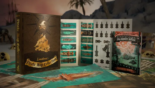 Open book titled "Limithron's Pirate Map Collection" with a gold-embossed pirate ship and compass rose on the cover. Pages display illustrated maps and ship diagrams. A sheet of black plastic ship and cannon pieces is laid out. A book titled "Pirate Encounters" is partially visible. A large map with a sea monster illustration is spread on a wooden surface. A palm tree and sunset background are blurred in the distance.