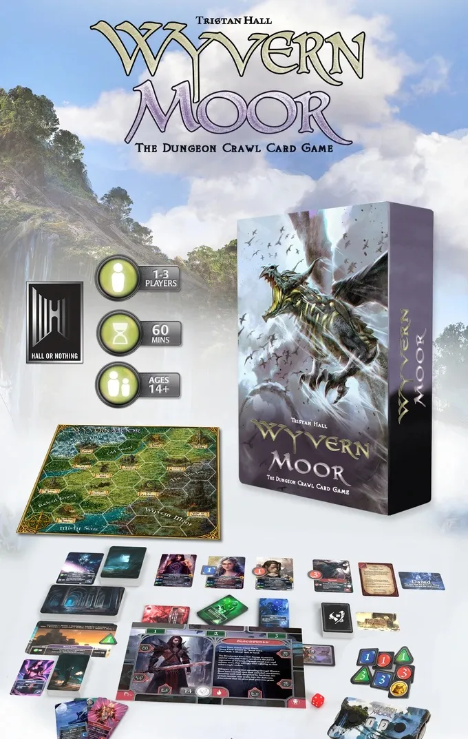 Wyvern Moor game box, cards, and board with dragon art.