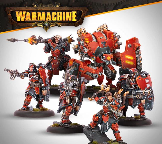 A Khador warband from Warmachine features five miniatures prominently displayed. The unit includes the Warcaster Kapitan Zahara Vilkul, a large character warjack named Razor, and three character solos, including Sergeant Goran Lazarenko and the Hounds. The miniatures are painted in a striking red and black color scheme, showcasing intricate details and weaponry, with Razor towering over the others, emphasizing the unit's vanguard role.