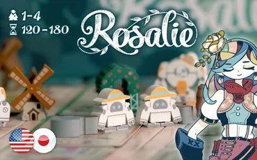 "Rosalie" with two small robots wearing hats on a game board, illustrated character with flowers.