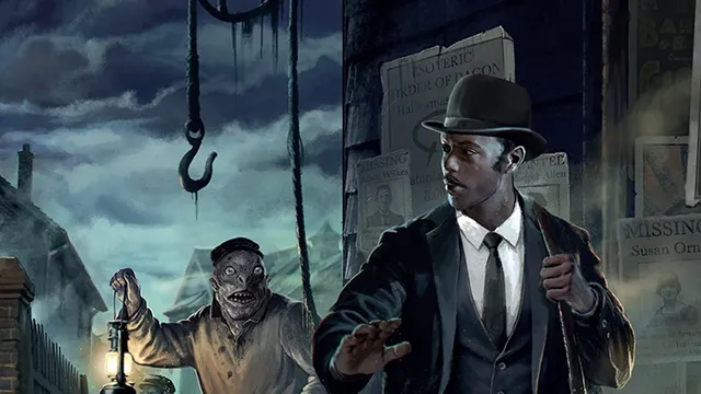 Man in suit and hat, zombie-like figure with lantern, dark street, "Call of Cthulhu Innsmouth" text.