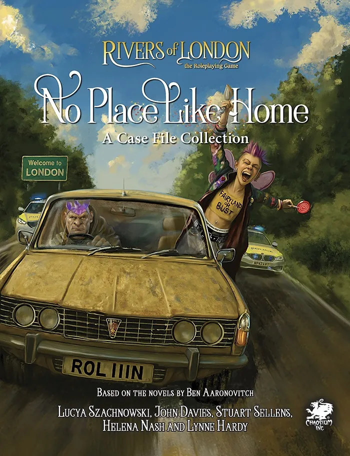 A yellow car with license plate "ROL 111N" on a road, a person with purple hair leaning out, and a "Welcome to LONDON" sign.