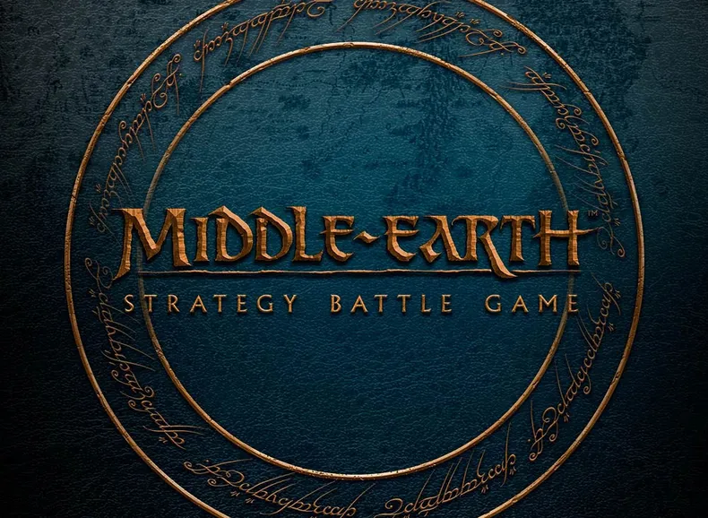 The image features the title "MIDDLE-EARTH STRATEGY BATTLE GAME" prominently displayed in a bold, stylized font, set against a textured dark blue background. Surrounding the title is a circular design that includes intricate, golden script, reminiscent of Tolkien's lore. The overall aesthetic conveys a sense of adventure and fantasy, aligning with the themes of the game.