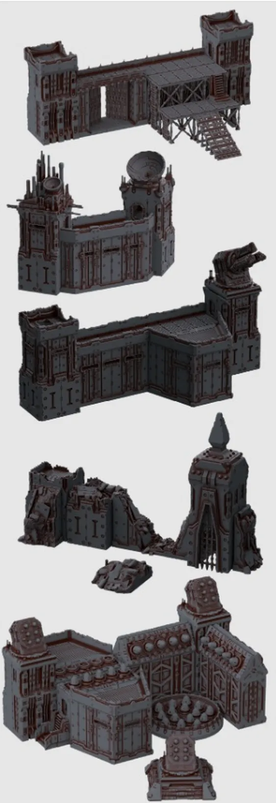 A collection of 3D printable sci-fi wargaming terrain pieces is displayed, showcasing various modular fortress components. The set includes tall walls, towers, and battle-damaged sections, all featuring intricate details and a grimdark aesthetic. Some pieces have removable rooftops and playable interiors, allowing for customizable layouts suitable for tabletop battles.