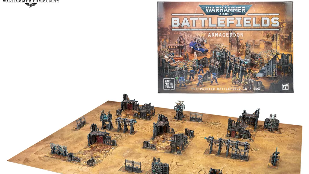 A Warhammer 40,000 tabletop scene with pre-painted plastic terrain. Includes buildings, ruins, and scattered figures in futuristic armor. A rectangular gaming board with a beige surface and printed grid lines. Box cover shows "Warhammer 40,000 Battlefields: Armageddon" with chaotic battle scene.