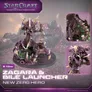 A purple and black Zerg Broodmother Zagara miniature perched on a rocky base, holding a Bile Launcher. Two inset images show close-ups of her detailed armor and weapon. Text reads: "STAR CRAFT TABLETOP MINIATURES GAME," "ZAGARA & BILE LAUNCHER," and "NEW ZERG HERO." Diameter marked as 100mm.