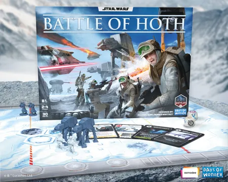 The image features the box art for "Star Wars: Battle of Hoth," showcasing a snowy battlefield scene with Rebel soldiers in action, equipped with blasters and wearing winter gear. In the foreground, two AT-AT walkers are positioned alongside game components, including cards and dice, set on a hexagonal game board. The title "BATTLE OF HOTH" is prominently displayed at the top, with branding from Asmodee and Days of Wonder visible in the corners.