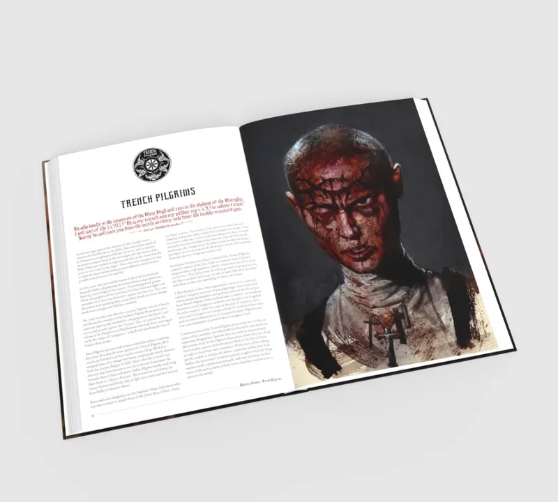 Open book with text and a photo of a person in costume with red and dark makeup.