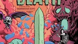 "Dungeon Death" title, sword, skull, bat, monster, shield, flames, and blue drops.