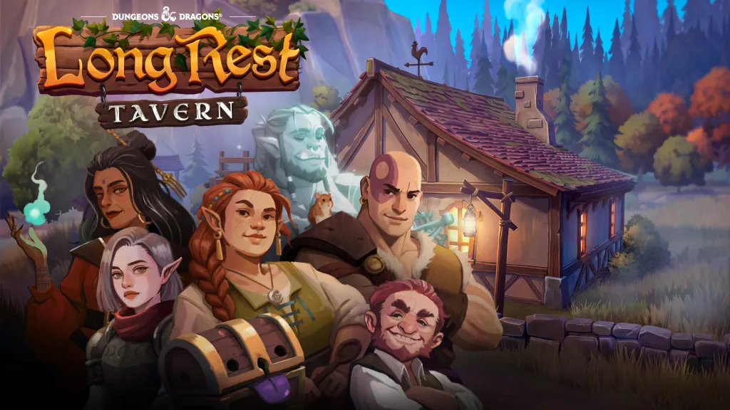Long Rest Tavern, five characters in front of a wooden building with a thatched roof.