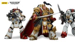 A detailed action figure of Jaghatai Khan stands on the right, adorned in ornate armor with intricate gold detailing, holding a sword. To the left, a Tactical Marine in Mk III power armor is posed with a firearm, featuring a skull motif and a red backpack. Both figures are set against a simple background, showcasing their impressive craftsmanship and articulation.