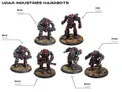 A collection of six detailed miniature mechs, known as Udar Industries Hardbots, is displayed on a textured base resembling a battlefield. Each mech features a distinct design and color scheme, primarily in shades of red and gray, with various weaponry and poses indicating their roles as walkers. The mechs are labeled with their names: Boris, Udar, Groza, Geroy, and Buran, showcasing their unique characteristics within the game.