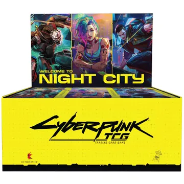 A brightly colored display box for the Cyberpunk Trading Card Game features a vibrant design with the text "WELCOME TO NIGHT CITY" prominently displayed at the top. The back of the box showcases three characters: a cybernetic figure, a woman with colorful hair and tattoos, and a man in a futuristic outfit, all set against a neon-lit backdrop. The bottom of the box is yellow with the title "Cyberpunk TCG" and the logo of CD Projekt Red, emphasizing the game's connection to the Cyberpunk universe.