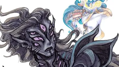 "AT THE GATES" text above a dark figure with multiple eyes and a blue-haired figure holding a book.