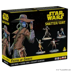 A box for the "Fistful of Credits" expansion for Star Wars: Shatterpoint features vibrant artwork of several bounty hunters. Prominently displayed is Cad Bane, a blue-skinned character wearing a wide-brimmed hat and a long coat, alongside Aurra Sing, who is depicted in a striking outfit. Other characters, including a Chadran-Fan, Todo 360, and a Devaronian, are shown in dynamic poses, emphasizing their roles as Secondary and Supporting Units. The box design includes the Star Wars and Shatterpoint logos, with a color scheme of black, yellow, and blue.