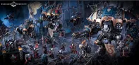 A dramatic scene showcases two imposing Chaos Knights, the Knight Ruinator and Knight Abominant, towering over a battlefield littered with detailed miniatures. The Knights feature intricate designs, with one adorned in dark metallic colors and the other showcasing a mix of blue and gold accents. Surrounding them are various smaller figures in red cloaks, wielding weapons, set against a backdrop of gothic ruins and atmospheric lighting.