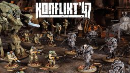 A dynamic scene from Konflikt '47 features a variety of detailed miniatures set in a war-torn environment. In the foreground, U.S. Airborne soldiers in green uniforms wield weapons, while Axis soldiers in heavy armor and distinctive designs stand ready for battle. The backdrop includes ruined structures and scattered debris, enhancing the atmosphere of this alternate history conflict. The title "KONFLIKT '47" is prominently displayed at the top.