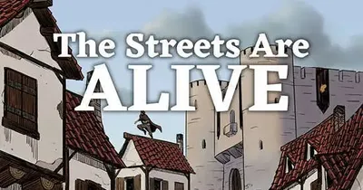 Medieval street with people, horse, and buildings. Text: A Fantasy City Street Generator