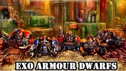 A group of five EXO armour dwarves stands prominently against a detailed industrial backdrop, showcasing a mix of sci-fi power armour and steam-driven, Victoriana style carapace. Each dwarf is uniquely posed and equipped with various weapons, including a drill and firearms, highlighting their distinct designs. The text "EXO ARMOUR DWARFS" is boldly displayed at the bottom of the image.