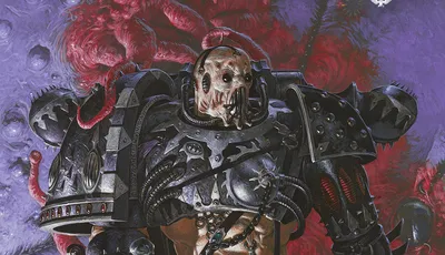 A heavily armored figure representing the Emperor's Children stands prominently, showcasing intricate details such as spikes, chains, and a skull-like face. The armor is predominantly black with metallic accents, and the character holds a weapon adorned with various symbols. The background features a surreal, purple and red organic texture, enhancing the chaotic and hedonistic theme of the design.