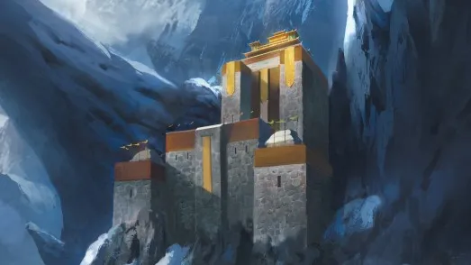 Futuristic stone fortress with three towers in snowy mountain setting, golden roof accents, and a central balcony with a figure in blue standing.