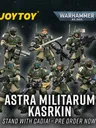 Seven green-armored action figures with weapons, "JOYTOY", "WARHAMMER 40,000", "ASTRA MILITARUM KASRKIN", "STAND WITH CADIA! - PRE ORDER NOW"