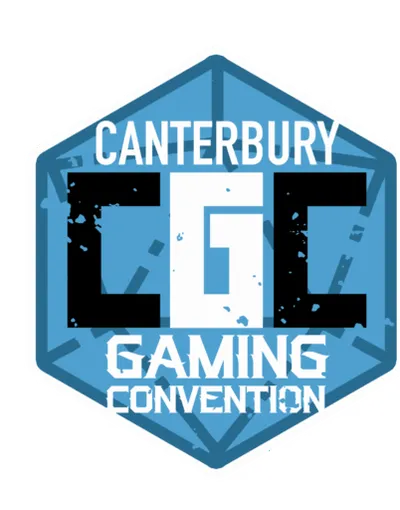 A hexagonal logo features the text "CANTERBURY" at the top, with "CGC" prominently displayed in large, bold letters in the center. Below, the words "GAMING CONVENTION" are written in a smaller, stylized font. The logo is primarily in shades of blue, with a textured background that adds depth.