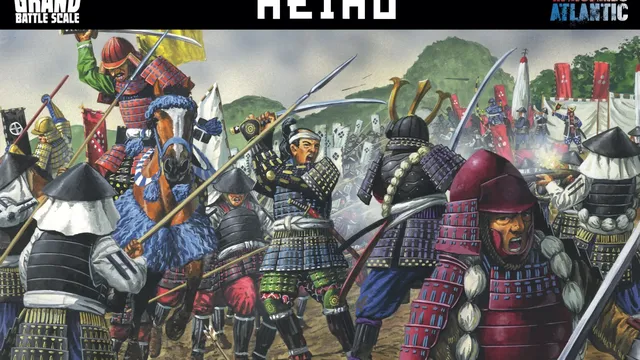 A dynamic illustration showcases a chaotic battle scene from Sengoku-era Japan, featuring armored samurai and ashigaru warriors engaged in combat. Prominent figures include a horse-mounted samurai wielding a spear, flanked by foot soldiers in traditional armor, all set against a backdrop of waving banners and a hilly landscape. The title "HEIHO" is displayed at the top, with "MASS BATTLE SAMURAI GAME" prominently featured at the bottom.