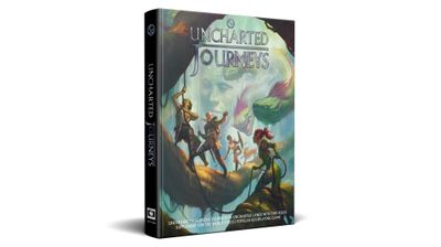 A fantasy role-playing game supplement titled "Uncharted Journeys" is prominently displayed, featuring a colorful cover illustration. The artwork depicts a diverse group of adventurers, including a warrior, a rogue, and a spellcaster, navigating a lush, mystical landscape filled with fantastical creatures and vibrant foliage. The spine of the book is visible, showcasing the title and a logo, while the tagline at the bottom invites players to undertake dangerous journeys in uncharted lands.