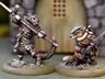 A fierce anthropomorphic badger in armor wields a large weapon, standing on the left, while a cunning-looking fox in a green hat and coat stands on the right, holding a small object. Both miniatures are detailed and painted, set against a blurred background of a stone structure with a wooden door. The scene captures the whimsical yet combative spirit of the Burrows and Badgers game.