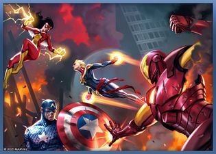 A dynamic scene features several iconic superheroes engaged in battle amidst a chaotic urban backdrop. On the left, a female hero with red and yellow attire unleashes energy blasts, while a flying hero in a blue and gold costume, likely Captain Marvel, propels forward. In the foreground, Iron Man, clad in his red and gold armor, prepares to strike, and Captain America stands resolutely, holding his shield emblazoned with a star. The atmosphere is charged with tension, reflecting the theme of hero versus hero.
