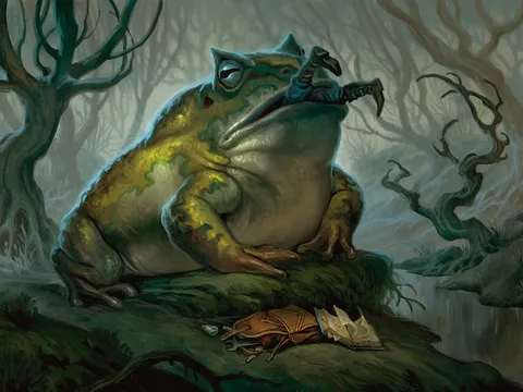 A large, armored frog-like creature with sharp claws and a spiked tail sits on mossy rocks. Its headgear resembles a mix of armor and a crown. Nearby, a dead insect lies on the ground. The background shows twisted, gnarled trees and vines in a dark, misty forest.