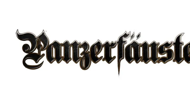 The logo for "Panzerfäuste" features the game's name in an ornate, gothic-style font. The letters are predominantly black with a slight metallic sheen, giving it a bold and striking appearance. The design includes sharp edges and flourishes, particularly on the letters "ä" and "f," which add a sense of fantasy and drama to the overall look. The logo is set against a plain white background, enhancing its visibility and impact.