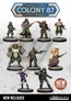 A collection of eight detailed miniatures from the tabletop game "Colony 87," featuring anthropomorphic animal characters. The figures include a variety of species, such as a dog, a bear, and a fox, each equipped with different weapons and outfits, showcasing a mix of futuristic and rugged styles. Above the miniatures, the title "COLONY 87" is prominently displayed in a weathered blue sign.
