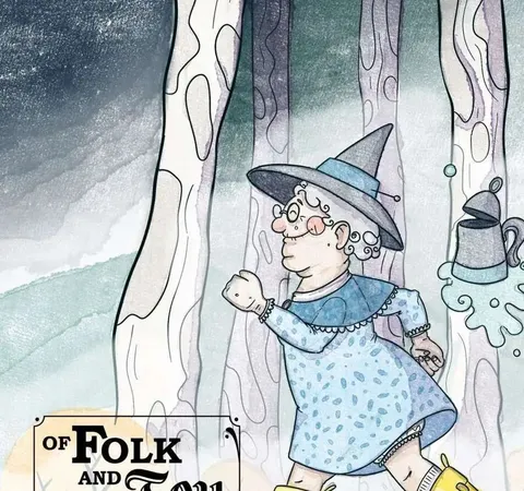 Witch in blue dress, pointed hat, holding cauldron, trees behind, text "OF FOLK AND FEY"