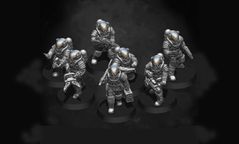 A group of six sci-fi miniatures, each wearing detailed space suits with reflective helmets, is arranged on circular bases. The figures are posed in various stances, some holding weapons while others appear to be gesturing or preparing for action. The miniatures are rendered in a monochromatic color scheme, highlighting their intricate designs and features.