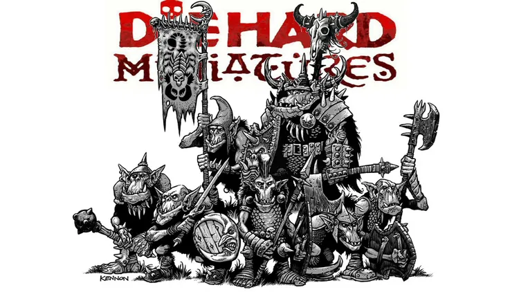 A group of fantasy miniatures from Die Hard Miniatures is depicted, showcasing a variety of characters including goblins and other creatures, all armed with weapons and shields. The miniatures are intricately designed, featuring exaggerated features and detailed armor, set against a backdrop that includes the bold, red logo of Die Hard Miniatures. The overall style is reminiscent of classic fantasy art, emphasizing a playful yet gritty aesthetic.