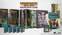 A collection of Warhammer: The Old World roleplaying game products is displayed, featuring several books and accessories. Prominently shown are the core rulebook, a player's guide, and a collector's edition, all adorned with intricate artwork. Additionally, there are packs of cards, a character sheet pad, and various dice, emphasizing the comprehensive nature of the available bundles.
