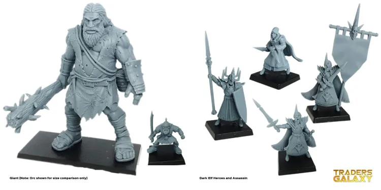 A large, detailed miniature of a giant figure stands prominently, featuring a rugged appearance with a beard, wearing tattered clothing and armor, and wielding a spiked club. Next to the giant, a smaller orc figure is displayed for size comparison, showcasing its own distinct features and weaponry. Both miniatures are presented in a gray unpainted finish, highlighting their intricate designs.