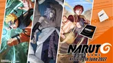 Two anime characters in dynamic poses: one with long gray hair and a purple outfit, the other with red spiky hair in a brown jumpsuit, fists raised. Orange and black game packaging with "NARUTO CARD GAME Arriving in June 2027" in bold white text. Two visible cards display the "NARUTO C" logo.