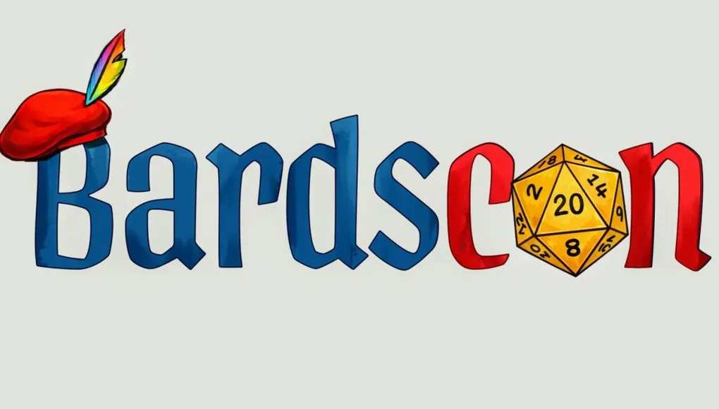 The logo for "Bardscon" features the word "Bardscon" in bold, colorful letters. The letter "B" is adorned with a red bard's hat topped with a vibrant feather, while the letter "d" is accompanied by a yellow twenty-sided die, emphasizing the tabletop gaming theme. The overall design is playful and inviting, reflecting the event's focus on tabletop gaming and community.